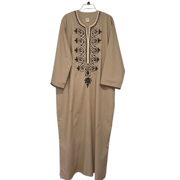 Khatab Egyptian Cotton Kaftan Dress XXL Tan‎ with Brown Trim And Embroidery Boho - Picture 10 of 10